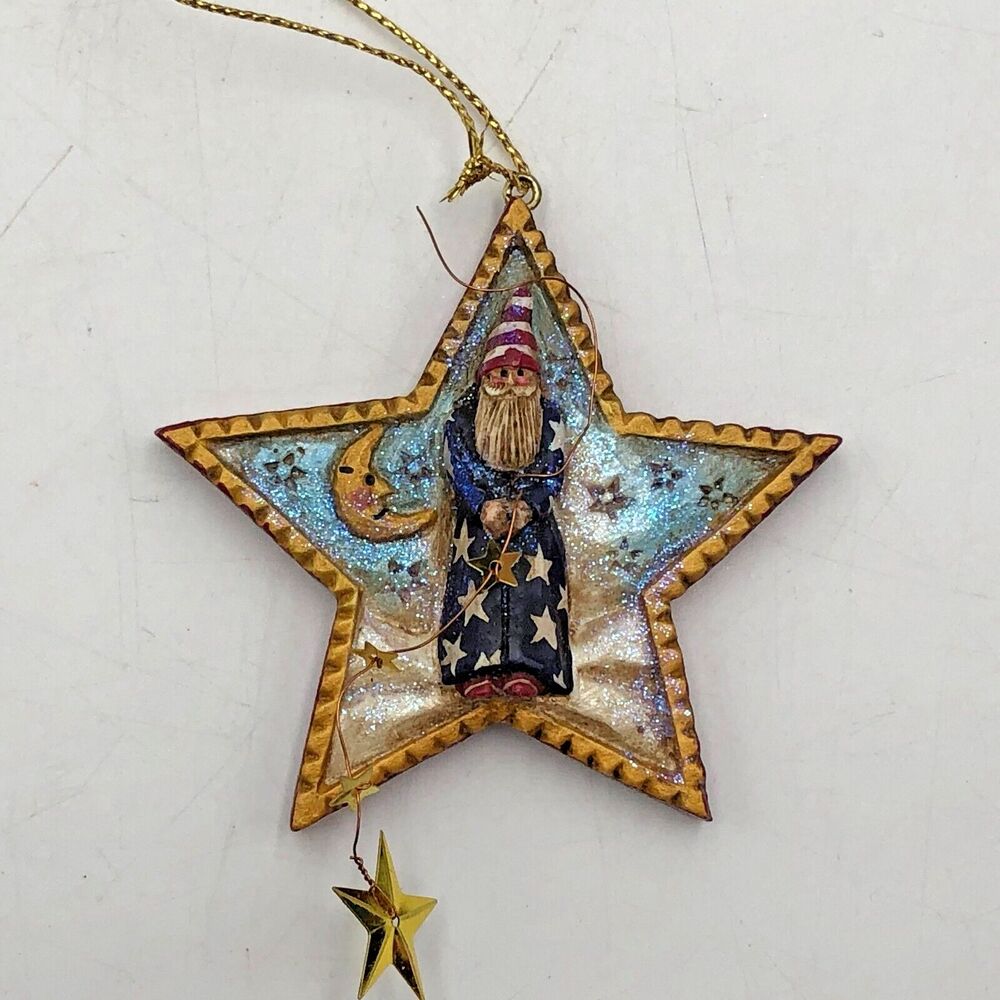 Pam Schifferl  SANDMAN SANTA IN STAR Christmas Ornament Folk Art Wizard Blue